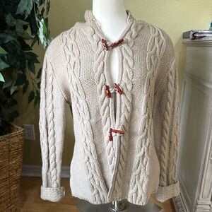 100% Lambswool Cable Knit Hooded Cardigan – Toggle Sweater (Small)
